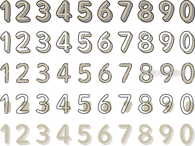 从0到9绘制不同风格/插图材质的棕色数字集合(矢量插图)